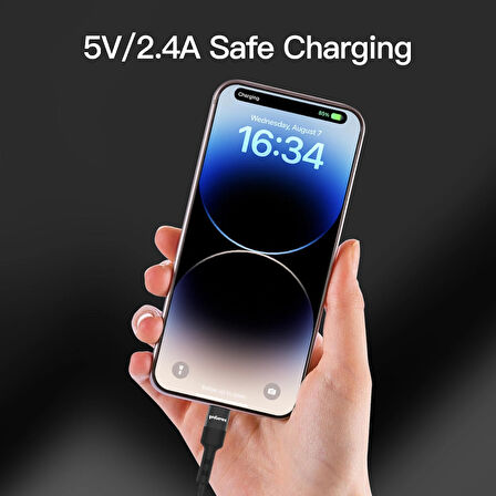 USB A To Lightning 2.4A Halat Örgü Apple iPhone Şarj Kablosu Siyah 1 Metre