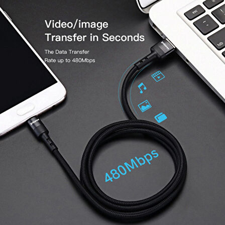 USB A To Lightning 2.4A Halat Örgü Apple iPhone Şarj Kablosu Siyah 1 Metre