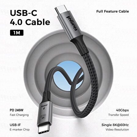 USB 4 To Type C 4.0 240WATT Macbook Pro Görüntü Aktarma Kablosu 8K@60Hz Thunderbolt Uyumlu 40GBPS 1 Metre