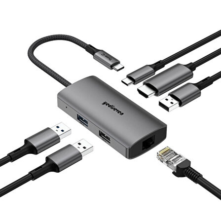 6ın 1 USB Çoklayıcı 6 Portlu Macbook HDMI Dönüştürücü 100WATT Pd Şarj Giriş RJ45 Çıkışlı Hub Alüminyum