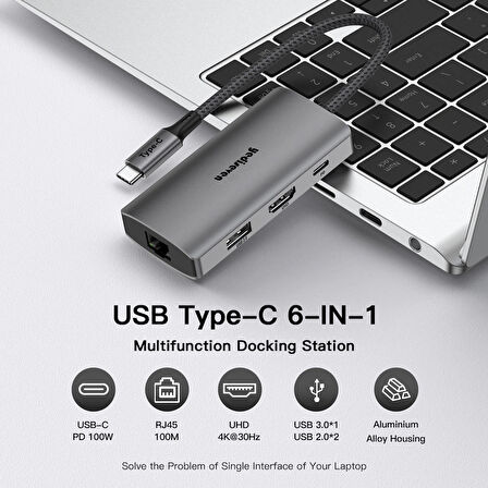 6ın 1 USB Çoklayıcı 6 Portlu Macbook HDMI Dönüştürücü 100WATT Pd Şarj Giriş RJ45 Çıkışlı Hub Alüminyum