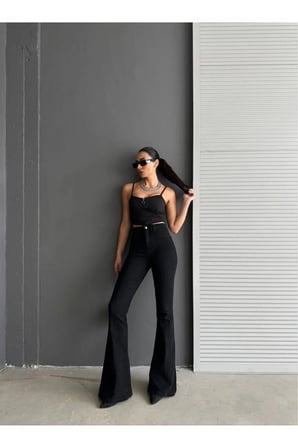 JnsWorld Ispanyol siyah Kot Yüksek Bel Likralı Ekstra Esnek Flare Jeans Kot Pantolon