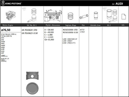 Vag Piston+segman (77,01mm 0,50) Golf IV Bora Cordoba Arosa A2 İbiza II / III / IV İnca Leon Toledo II F - Kingpiston 18-7010623