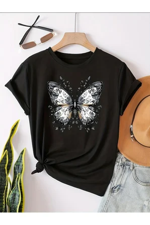 Unisex Desenli Kelebek Baskılı Tasarım Tshirt
