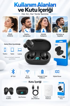 E6S Buds Kablosuz Kulakiçi Taşınabilir Bluetooth Kulaklık