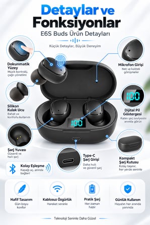 E6S Buds Kablosuz Kulakiçi Taşınabilir Bluetooth Kulaklık