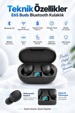 E6S Buds Kablosuz Kulakiçi Taşınabilir Bluetooth Kulaklık