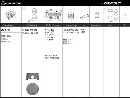 Chevrolet Piston Aveo Std (77,90 Mm) Aveo 1,4 16v - Kingpiston 18-1010190