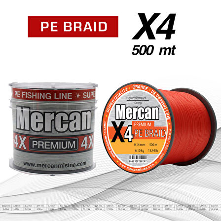 Mercan Premium X4 PE Örgü Turuncu Renk İp 500m Bobin Misina