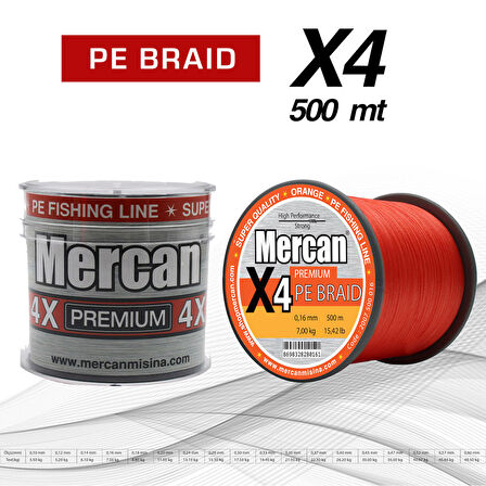 Mercan Premium X4 PE Örgü Turuncu Renk İp 500m Bobin Misina