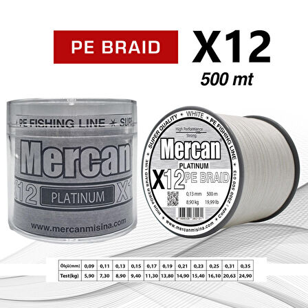 Mercan Pe Örgü Platinum X12 Beyaz İp 500m Makara Misina