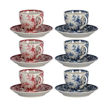 Lucky Art Florantine 6Li Ayakli Kahve Fincani Seti Kirmizi-Mavi 100 cc