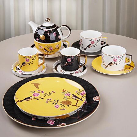 Lucky Art Lucile Siyah Sarı Kuş Desenli 6'lı Porselen Çay Fincanı Seti LYWY 009