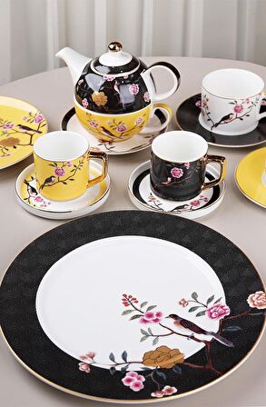 Lucky Art Lucile Siyah Sarı Kuş Desenli 6'lı Porselen Çay Fincanı Seti LYWY 009