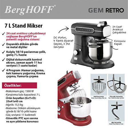 Berghoff Gem Retro Artisan Stand Mikser 7 L Kırmızı