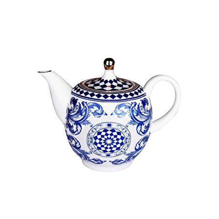 Lucky Art Aurora Bone Porselen Mavi Beyaz Barok Desenli Çaydanlık 800 ml