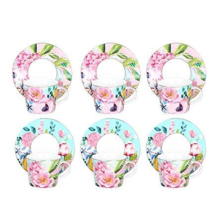 Luckyart Peony Desenli 6 lı Bone China Porselen Çay Fincanı seti 220 ml LYBA037