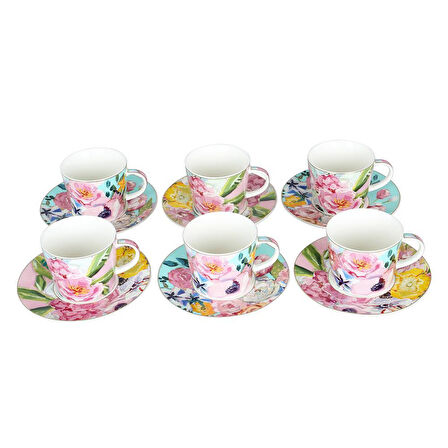 Luckyart Peony Desenli 6 lı Bone China Porselen Çay Fincanı seti 220 ml LYBA037