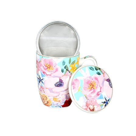 Lucky Art Peony Desenli Bone China Porselen Kapaklı ve Süzegçli Kupa 570 ml