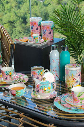Lucky Art Peony Desenli Bone China Porselen Kapaklı ve Süzegçli Kupa 570 ml