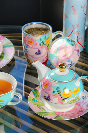 Lucky Art Peony Desenli Bone China Porselen Kapaklı ve Süzegçli Kupa 570 ml