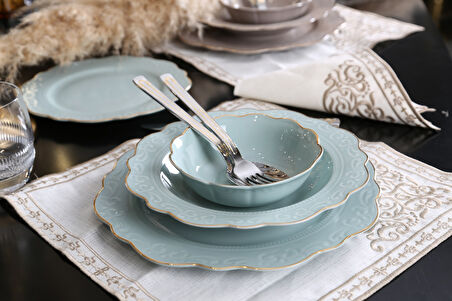 Lucky Art Laurance Mint Yeşil  renkli New Bone China Yemek Takımı 24 parça