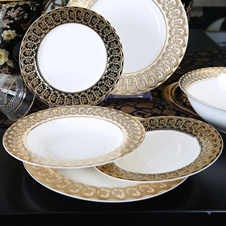 Lucky Art Isadora Bone China Porselen Gold Kenar detaylı Klasik Yemek Takımı 67 parça