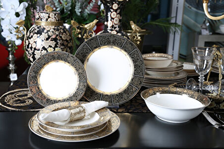Lucky Art Verna Bone China Porselen Gold&Siyah Desen Detaylı Klasik Yemek Takımı 67 parça