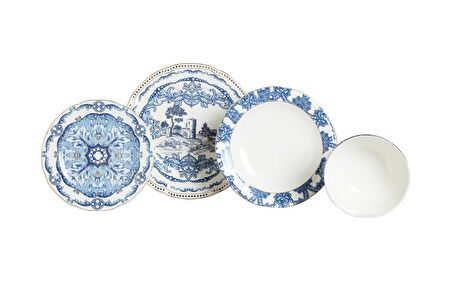 Lucky Art Florance Mavi&Beyaz Desenli New Bone China Porselen 24 parça Yemek Takımı LYFG 056