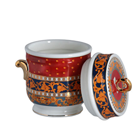 Lucky Art Clarissa Bone China  Porselen Mavi Beyaz Naturel Barok Desenli Kulplu Kavanoz 16 cm