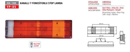 Unıversal Truck 7 Fonksıyonlu Stop Lambası Kanallı Kablolu - Yuceplast Yp-85 K