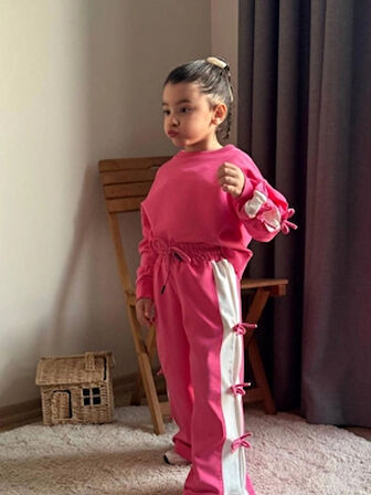 Kurdela Detaylı Fiyonklu Kız 2’li Eşofman Takım Pembe