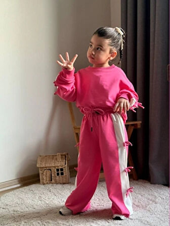 Kurdela Detaylı Fiyonklu Kız 2’li Eşofman Takım Pembe