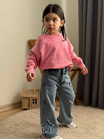 Taş Yıkamalı Kız Yıldız Takım - Sweatshirt-Jean Pantalon