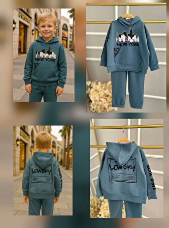 New York Yazı Baskılı Kapüşonlu Erkek Eşofman Takım