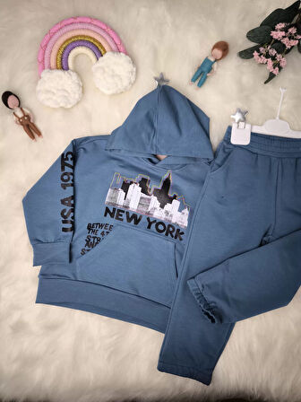 New York Yazı Baskılı Kapüşonlu Erkek Eşofman Takım