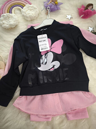 Minnie Baskılı Gömlek Detaylı İkili Taytlı Takım