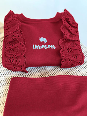 Fır Fır Detaylı Dantel İşlemeli Bordo Taytlı Takım