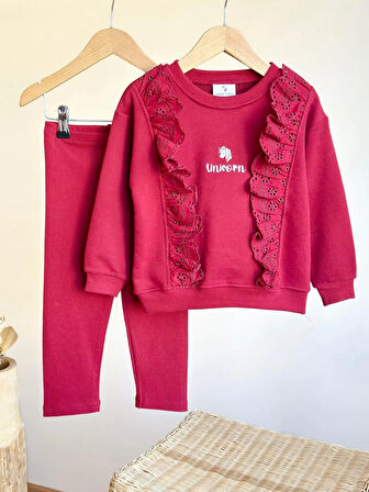 Fır Fır Detaylı Dantel İşlemeli Bordo Taytlı Takım