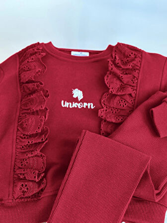 Fır Fır Detaylı Dantel İşlemeli Bordo Taytlı Takım