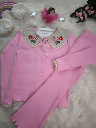 Nakış İşlemeli Yaka Detaylı Taytlı Takım Pembe