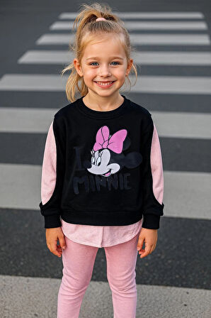 Minnie Baskılı Gömlek Detaylı İkili Taytlı Takım