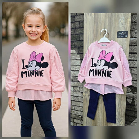 Minnie Baskılı Gömlek Detaylı İkili Taytlı Takım