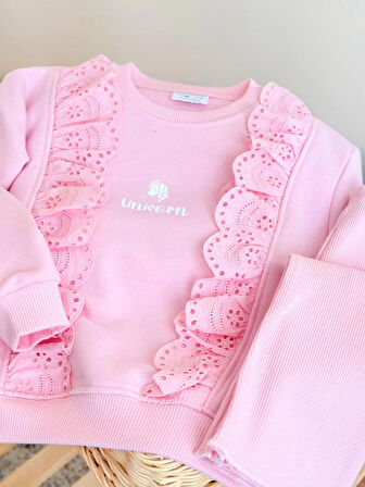 Fır Fır Detaylı Dantel İşlemeli Pembe Taytlı Takım