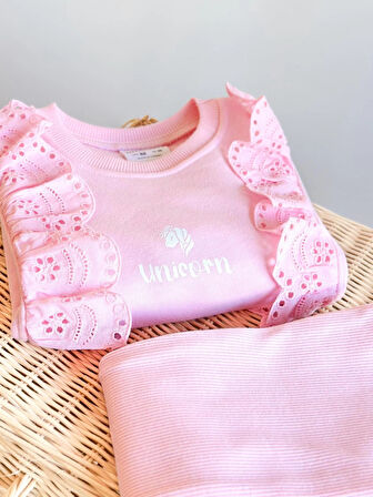 Fır Fır Detaylı Dantel İşlemeli Pembe Taytlı Takım