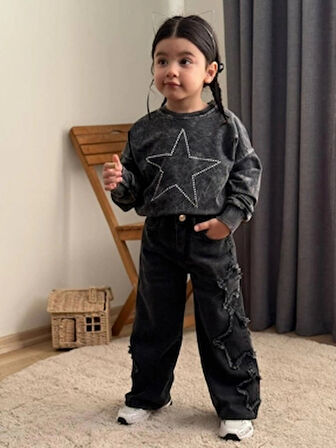 Taş Yıkamalı Kız Yıldız Takım - Sweatshirt-Jean Pantalon