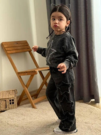 Taş Yıkamalı Kız Yıldız Takım - Sweatshirt-Jean Pantalon