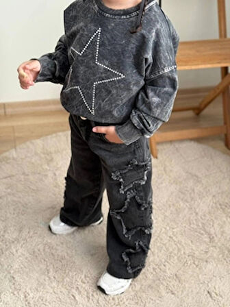 Taş Yıkamalı Kız Yıldız Takım - Sweatshirt-Jean Pantalon