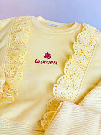 Fır Fır Detaylı Dantel İşlemeli Sarı Taytlı Takım