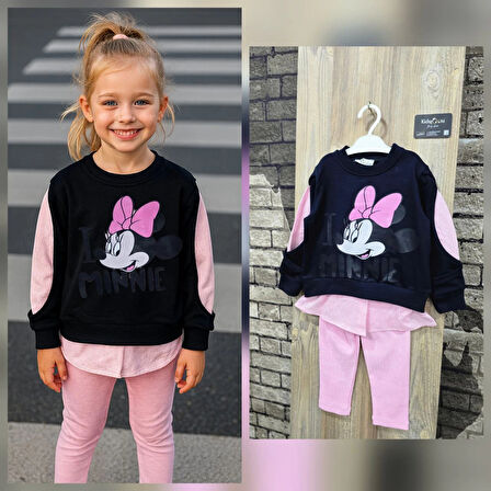 Minnie Baskılı Gömlek Detaylı İkili Taytlı Takım